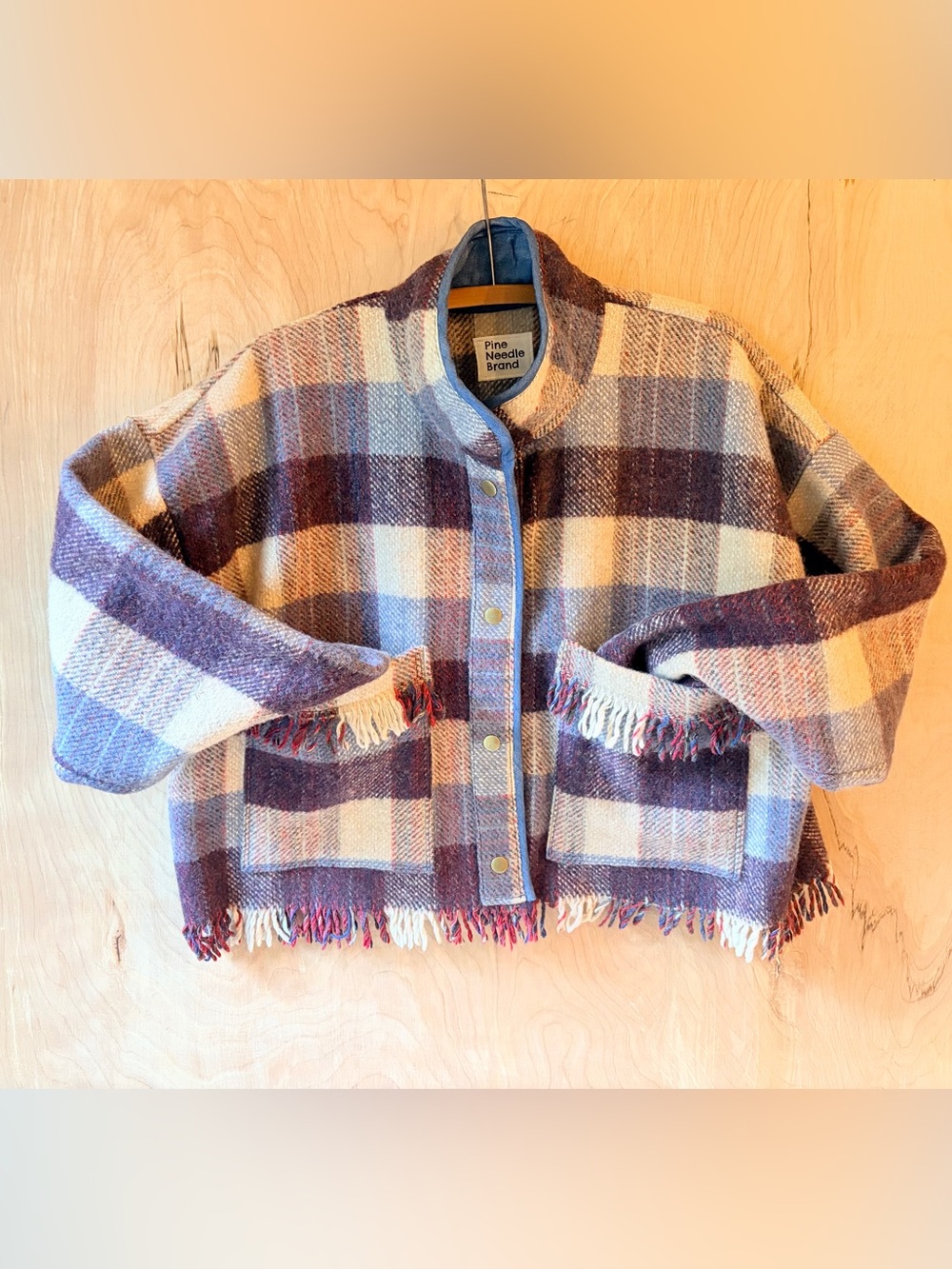 Women’s Handmade Plaid Fringe Wool Jacket - Blue/Burgandy/Cream
